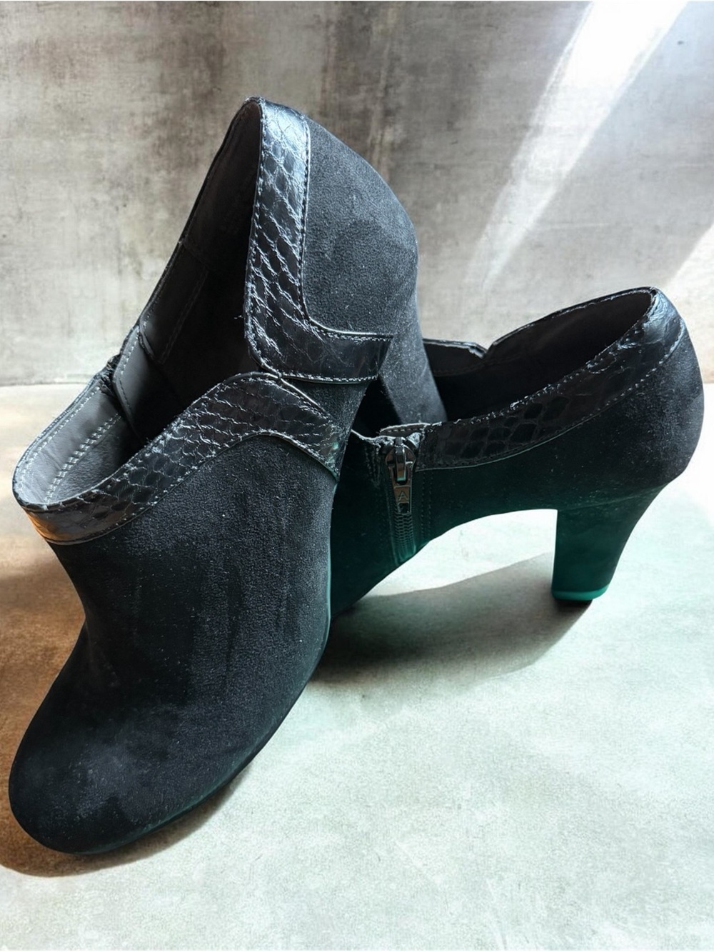 Black Suede Heeled Ankle Shoes with Textured Trim